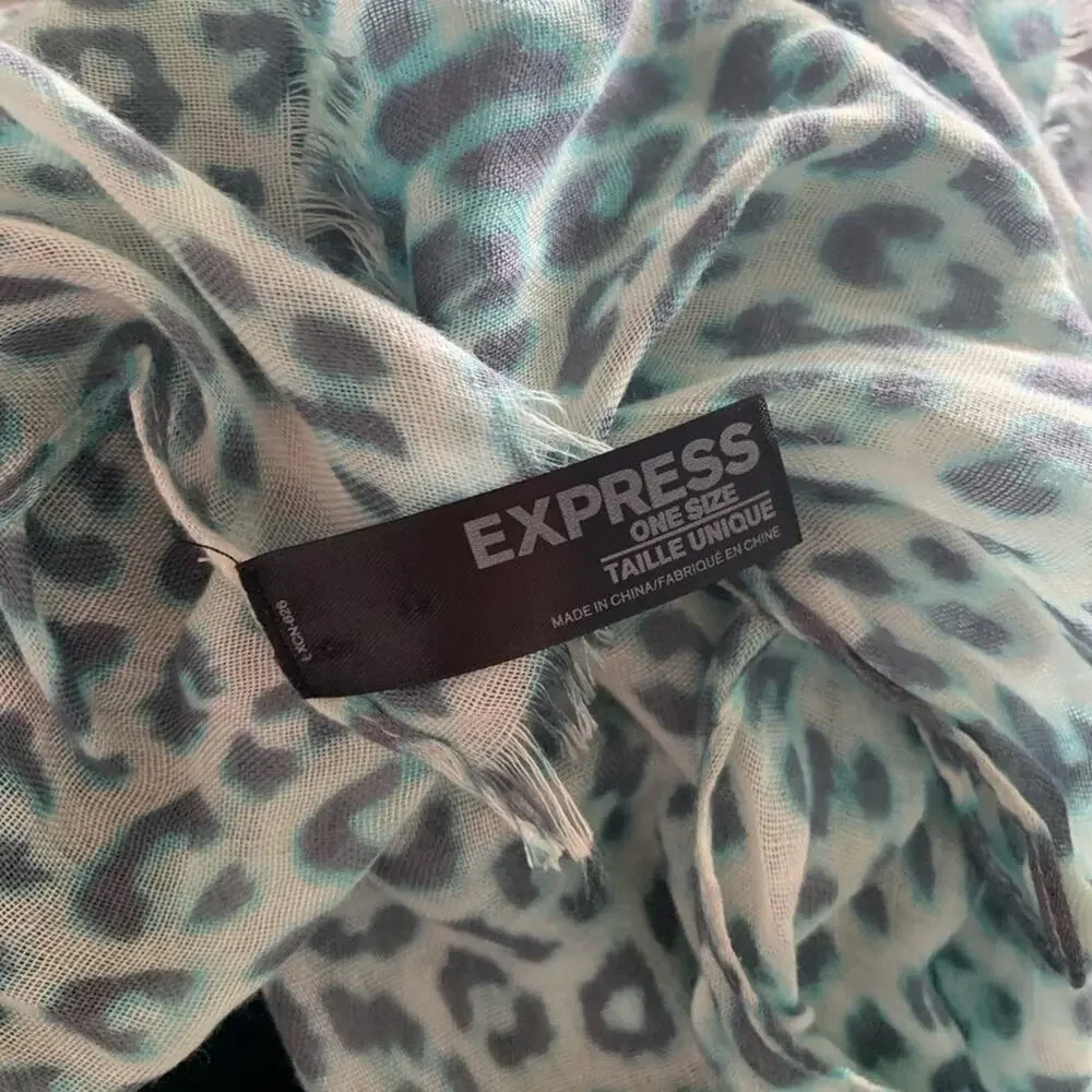 Express Aqua & Teal Animal Print Long, Light Weight Scarf, Cover, Up, Wrap NEW